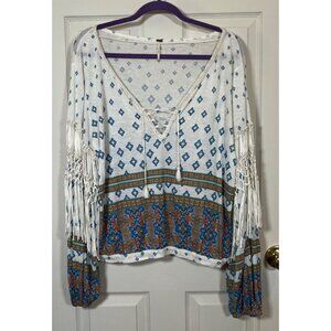 Free People Size M Boho Macramé Fringe Sleeve Hippie Top